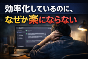 ChatGPTを使って業務効率化を試みるが、思うように楽にならず考え込む中堅エンジニアの様子