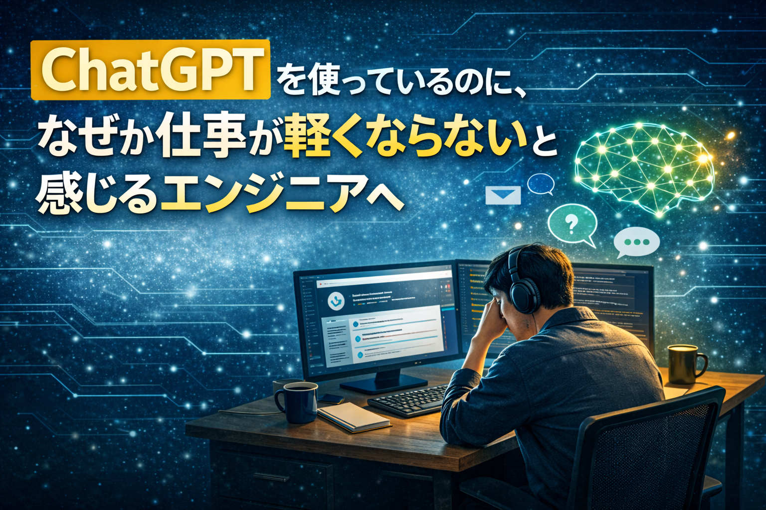 ChatGPTを使って効率化しているのに仕事が楽にならず、違和感を抱えるエンジニアのイメージ