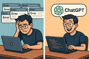 ChatGPTを使っているのに仕事が楽にならず、考え込むエンジニアのイメージ