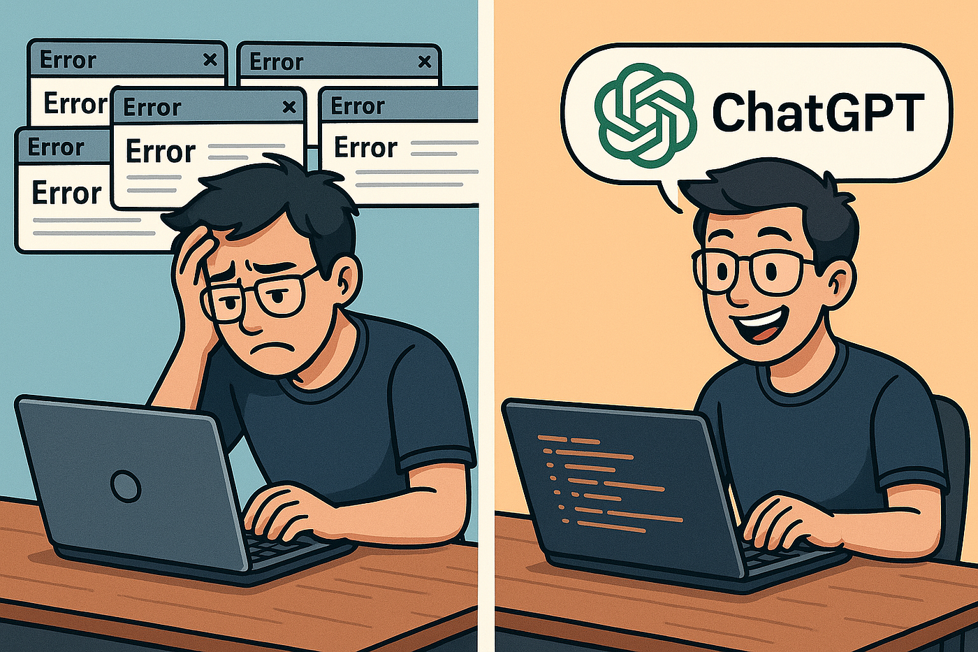 ChatGPTを使っているのに仕事が楽にならず、考え込むエンジニアのイメージ