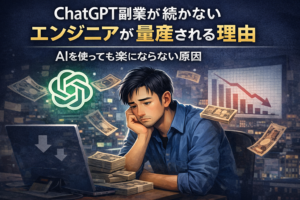 ChatGPT副業が続かず悩むエンジニアと、AIを使っても楽にならない原因を表したイメージ