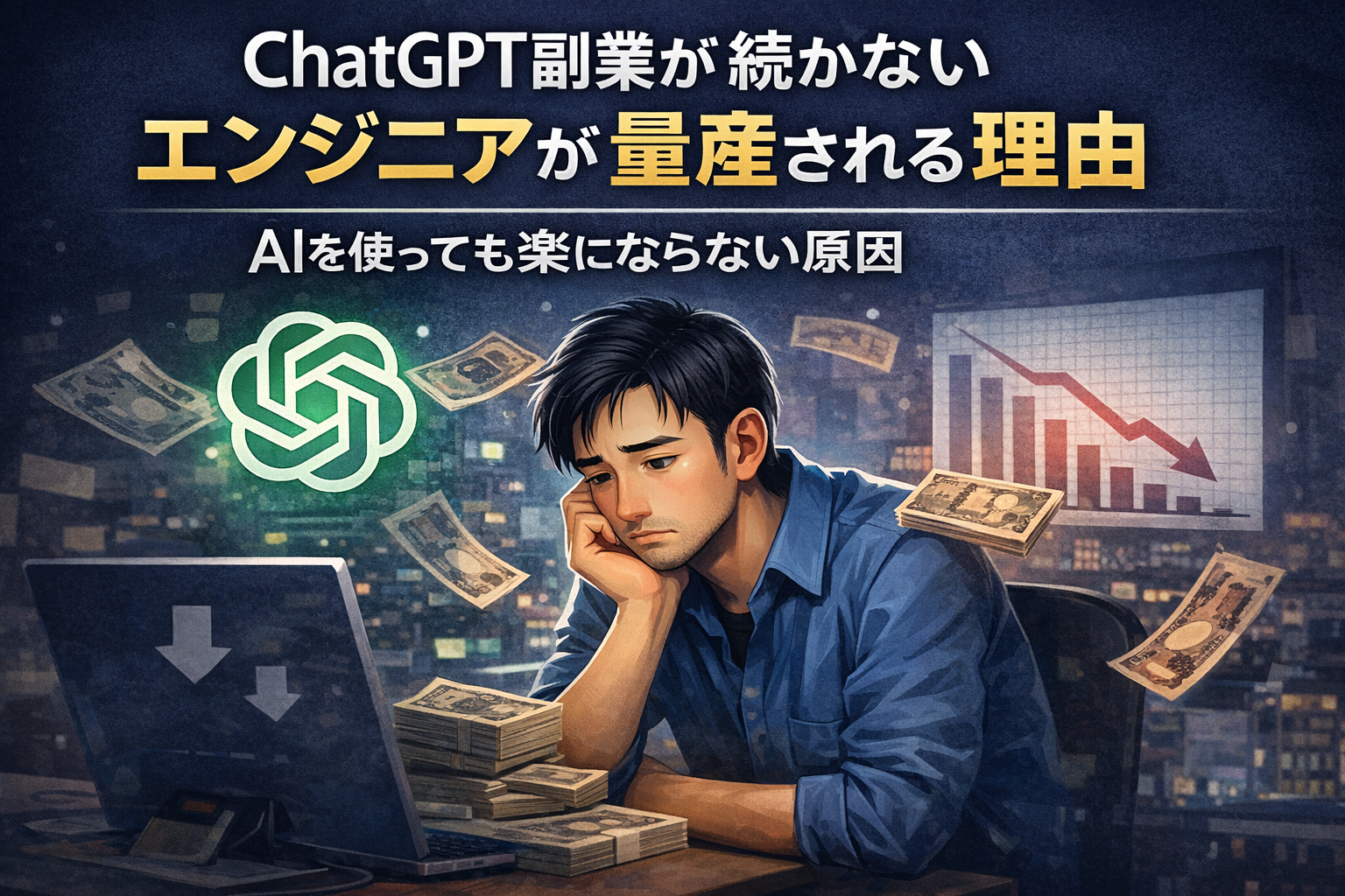ChatGPT副業が続かず悩むエンジニアと、AIを使っても楽にならない原因を表したイメージ